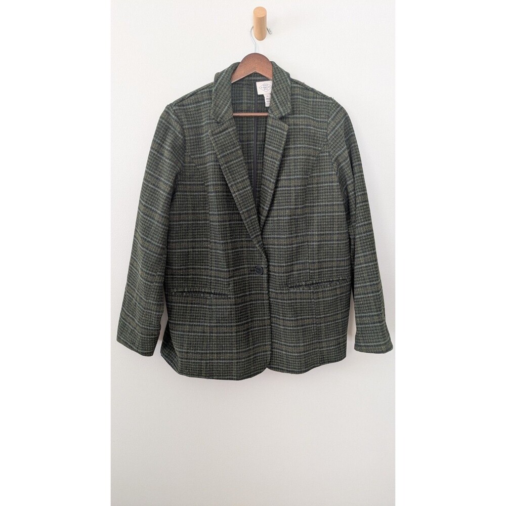 St Johns Bay Womens Wool Blend Blazer PL Olive Green Plaid Dark Academia Grandpa